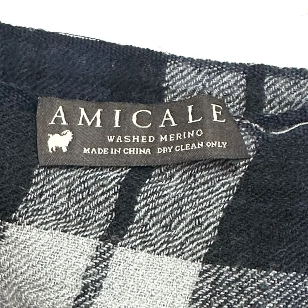 Amicale Wool Large Oblong Scarf Plaid Gray Black Lightweight Men's Women's